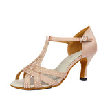 <transcy>Женская танцевальная обувь со стразами, атласная обувь на каблуке для латинских бальных танцев, сальса, танго, танцевальная обувь</transcy>