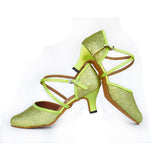 <transcy>Блестящие женские туфли для латинских бальных танцев сальса, современные танцевальные туфли, зеленый цвет</transcy>