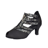 <transcy>Zapatos de baile de salsa de salón latino para mujer con punta abierta, zapatos de baile profesionales negros personalizados</transcy>