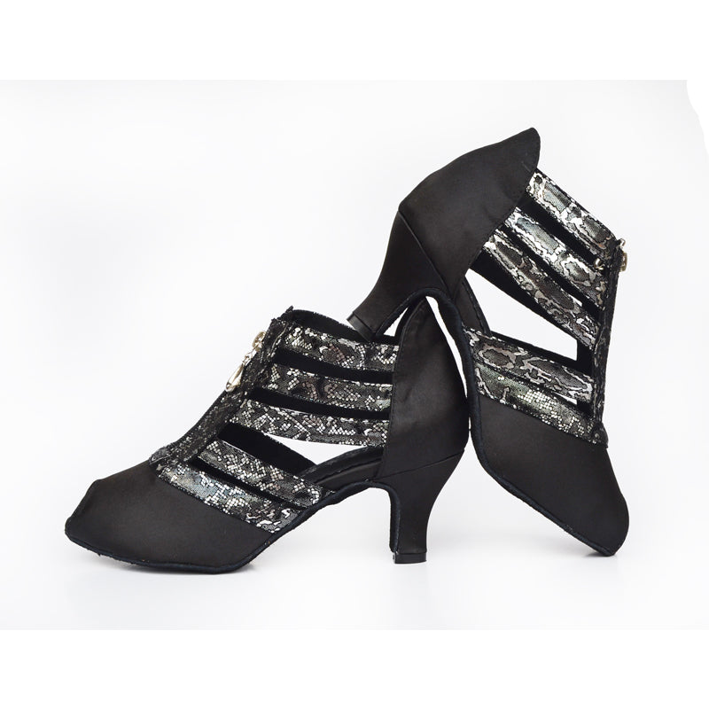 <transcy>Zapatos de baile de salsa de salón latino para mujer con punta abierta, zapatos de baile profesionales negros personalizados</transcy>