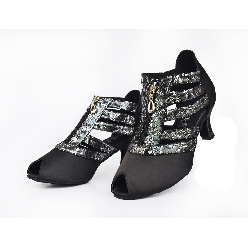 <transcy>Zapatos de baile de salsa de salón latino para mujer con punta abierta, zapatos de baile profesionales negros personalizados</transcy>
