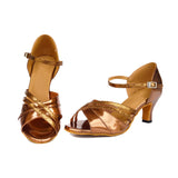 <transcy>Zapatos de baile latino para niñas para mujer, zapatos de baile de salón de Tango para mujer, zapatos de salsa de satén marrón dorado</transcy>