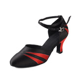 <transcy>Черная, красная, современная женская танцевальная обувь, профессиональная атласная обувь с закрытым носком для латинских бальных танцев</transcy>