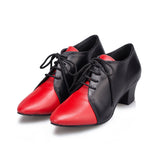 <transcy>Zapatos de baile modernos negros rojos con cordones PU Zapatos de baile de salsa de salón latino</transcy>