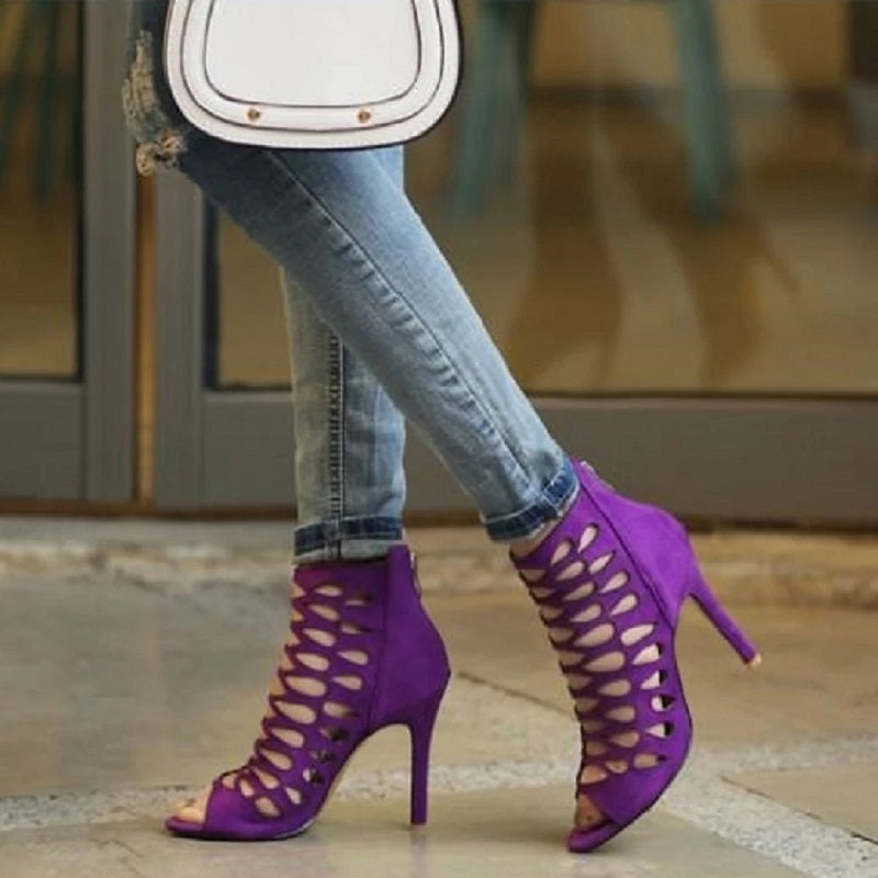 <transcy>Sandalias de tacón alto sexis con correa cruzada de gamuza negro púrpura para mujer</transcy>