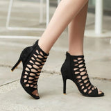 <transcy>Sandalias de tacón alto sexis con correa cruzada de gamuza negro púrpura para mujer</transcy>