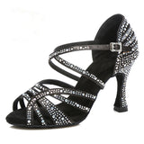 <transcy>Zapatos de baile con diamantes de imitación, zapatos latinos de salón, negro, rojo, zapatos de baile de Tango para mujer, con tacón de mujer</transcy>