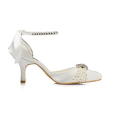 Champagne White Wedding Shoes Pumps Pearl Rhinestone Buckle Pumps For Women Girls Bride Party
