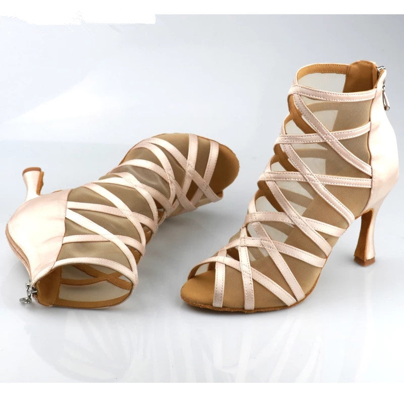 Ladies Mesh Suede Fashion Dance Shoes Cross Strap High Heel Latin Dance Salsa Shoes Boots
