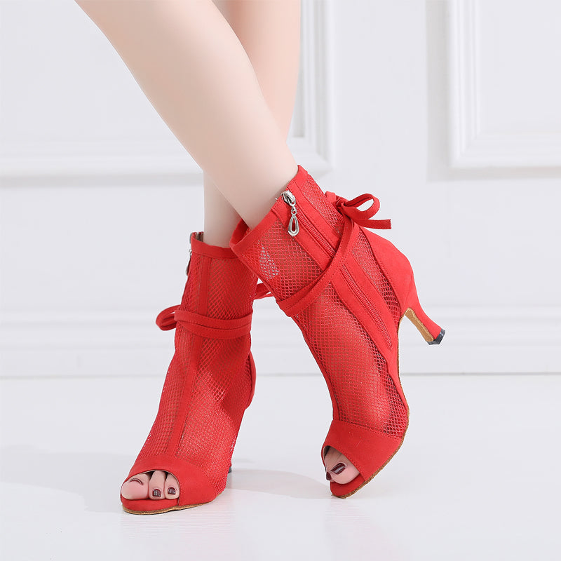Soft Sole Dance Shoes Yellow Red Women High Heeled Tango Ballroom Dance Boots Girls Mesh Salsa Dancing Shoes