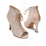 Satin Mesh Dance Boots Pink White Rhinestone Ballroom Salsa Tango Salsa Dancing Shoes For Women Girls