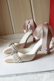 Champagne White Wedding Shoes Pumps Pearl Rhinestone Buckle Pumps For Women Girls Bride Party