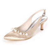 Women Girl Satin Stiletto Heel Closed Toe Pumps With Imitation Pearl Rhinestone