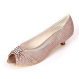 Women's Sparkling Glitter Kitten Heel Rhinestone Wedding Party Flats Shoes Peep Toe Sandals
