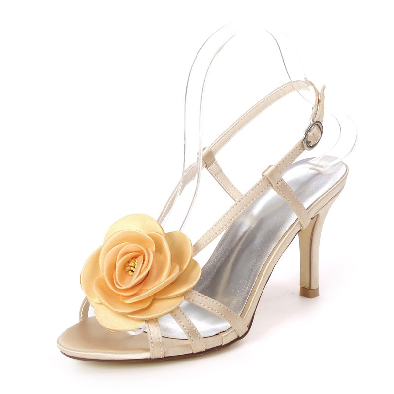 Summer Sandals Women Pumps Open-toed High Heels Satin Flower Fashion Party Shoes 35-42