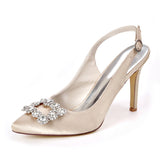 Women's Pumps Fashion Stiletto High Heel Wedding Shoes Pointed Satin Rhinestone Buckle Slip On Shoes