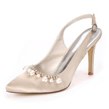 Women's Satin Stiletto Heel Closed Toe Pumps Sandals With Imitation Pearl Girl's Shoes For Wedding Party