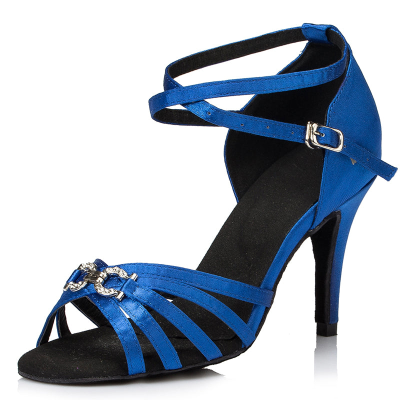 Blue Satin Latin Dancing Shoes | Rhinestone Women Salsa Ballroom Dance Shoes | Danceshoesmart
