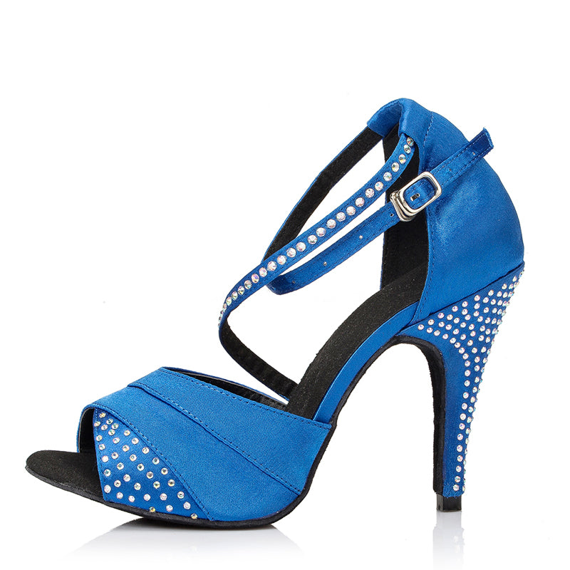 <transcy>Zapatos de baile latino para mujer | Zapatos de baile de salón de satén | Azul | Danceshoesmart</transcy>