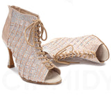 Satin Mesh Dance Boots Pink White Rhinestone Ballroom Salsa Tango Salsa Dancing Shoes For Women Girls