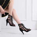 Indoor Latin Ballroom Dance Shoes Apricot Black Flock Women Salsa Tango Dancing Shoes Boots Customized Heels
