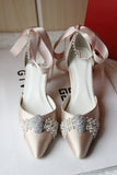 Champagne White Wedding Shoes Pumps Pearl Rhinestone Buckle Pumps For Women Girls Bride Party