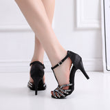 Satin Rhinestone Women Dance Shoes Black Red Tango Ballroom Salsa Latin Dancing Shoes Customized Heels