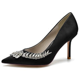 Women Pumps Stiletto Heel Pointed Toe Satin Rhinestone Party Wedding Heels Shoes Blue White