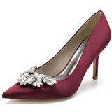 Women Pumps Stiletto Heel Pointed Toe Satin Rhinestone Party Wedding Heels Shoes