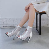 Stilettos High Heels Women Dance Shoes White Apricot PU Mesh Suede Soft Sole Latin Ballroom Sandals Ankle Boots