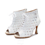 Satin Mesh Dance Boots Pink White Rhinestone Ballroom Salsa Tango Salsa Dancing Shoes For Women Girls