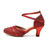 Glitter Women Modern Dance Shoes Red Golden Round Closed Toe Latin Ballroom Tango Waltz Dancing Shoes