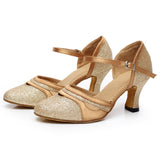 Women Colsed Toe Latin Dance Shoes Gold Pink Tango Ballroom Modern Dancing Shoes Soft Sole Wedding Party Sandals