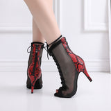 PU Mesh Women Dance Boots Patchwork Latin Ballroom Tango Salsa Dancing Shoes Customized High Heels Yellow Red