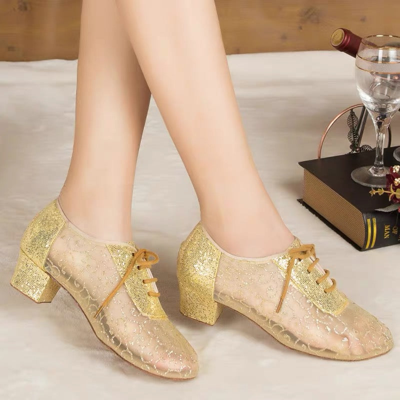 <transcy>Zapatos modernos para mujer | Zapatos de baile de salón Encaje | Tacón bajo con lentejuelas | Zapatos de baile personalizables | Danceshoesmart</transcy>