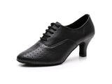 <transcy>Zapatos negros de baile latino para mujer | PU Zapatos de danza moderna | De salsa con suela de gamuza y punta cerrada | Danceshoesmart</transcy>