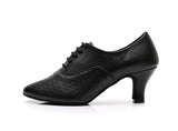 <transcy>Zapatos negros de baile latino para mujer | PU Zapatos de danza moderna | De salsa con suela de gamuza y punta cerrada | Danceshoesmart</transcy>