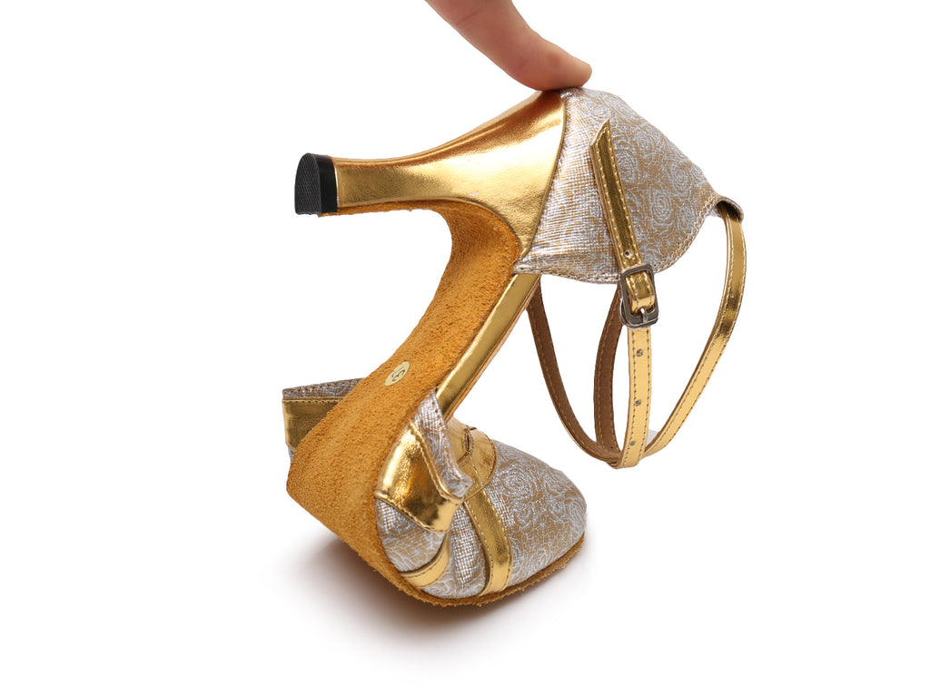 <transcy>Zapatos de danza moderna personalizados | Zapatos de baile latino PU para mujer | Zapatos de salsa de salón de baile de oro plateado | Danceshoesmart</transcy>