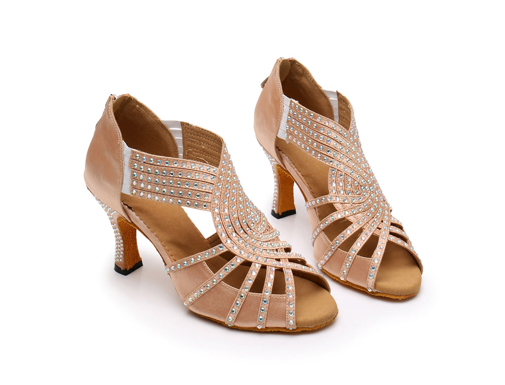 <transcy>Zapatos de baile latino de tacón personalizados | Zapatos de baile de salón con diamantes de imitación para mujer | Cremallera de suela de gamuza | Danceshoesmart</transcy>