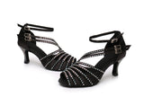 Satin Black Latin Salsa Women Dance Shoes | Rhinestone Ballroom Tango Dance Shoes | Customized | Danceshoesmart