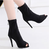 <transcy>Zapatos de baile latino Salsa Jazz para bailarinas para profesores, botas de tacón alto, licra elástica negra</transcy>