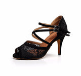 <transcy>Zapatos de baile latino de encaje | Zapatos de salón de salsa para mujer | Tacones altos | Negro | Danceshoesmart</transcy>