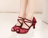 <transcy>Zapatos de baile latino de encaje | Zapatos de salón de salsa para mujer | Tacones altos | Negro | Danceshoesmart</transcy>
