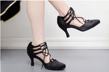 <transcy>Zapatos de baile negros y morados para mujer | Vendaje de zapatos de baile latino | Tacón de satén personalizado | Danceshoesmart</transcy>