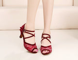 <transcy>Zapatos de baile latino de encaje | Zapatos de salón de salsa para mujer | Tacones altos | Negro | Danceshoesmart</transcy>