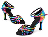 PU Rainbow Latin Dance Shoes Open Toe Ballroom Tango Salsa Samba Dancing Shoes For Women Party Indoor