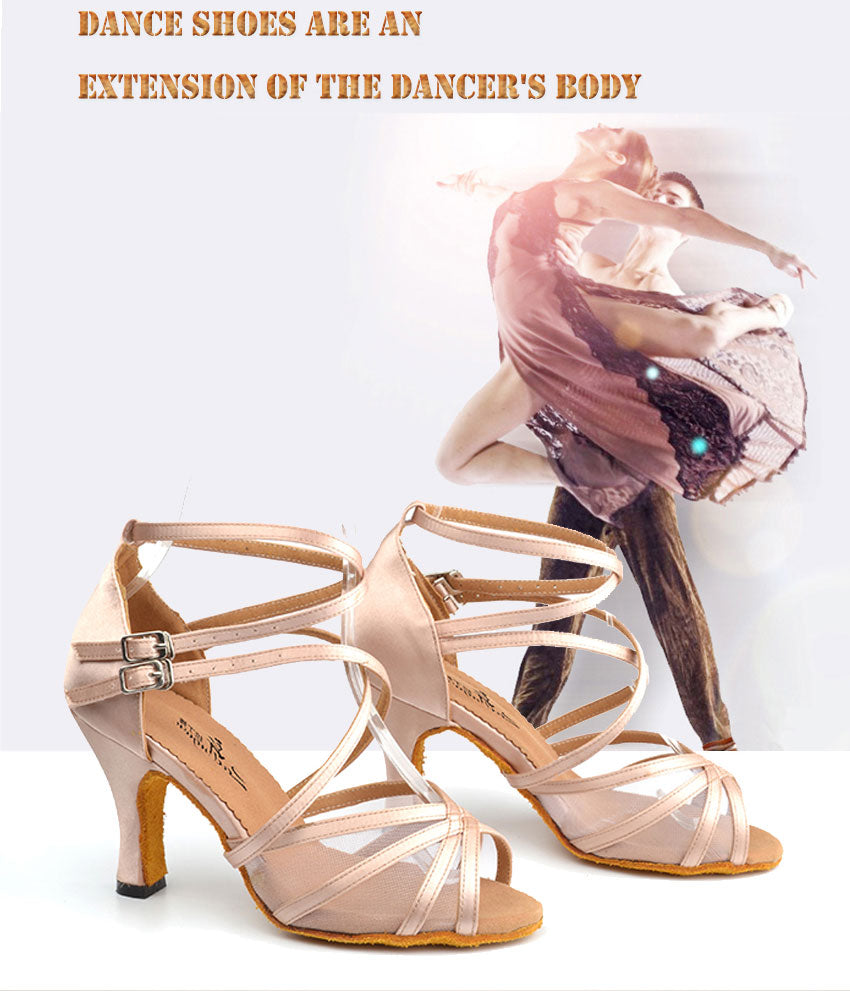 <transcy>Zapatos de baile latino de malla satinada | Zapatos de baile de salón de fiesta de salsa para mujer de color caqui | Danceshoesmart</transcy>
