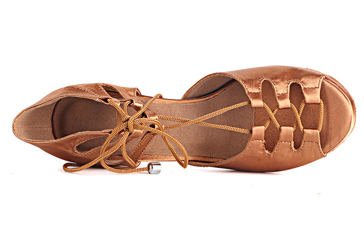 Women's Latin Dance Shoes | Salsa Party Dance Shoes | Satin Waterproof Platform | Black Bronze | Heel 10cm | Danceshoesmart