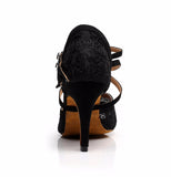 <transcy>Zapatos de baile latino de encaje | Zapatos de salón de salsa para mujer | Tacones altos | Negro | Danceshoesmart</transcy>