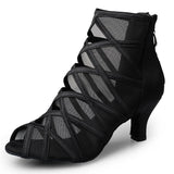 <transcy>Salón de baile de moda Botas de baile de salsa latina Tacones altos de baile social para mujeres con correa cruzada de satén de malla negra</transcy>